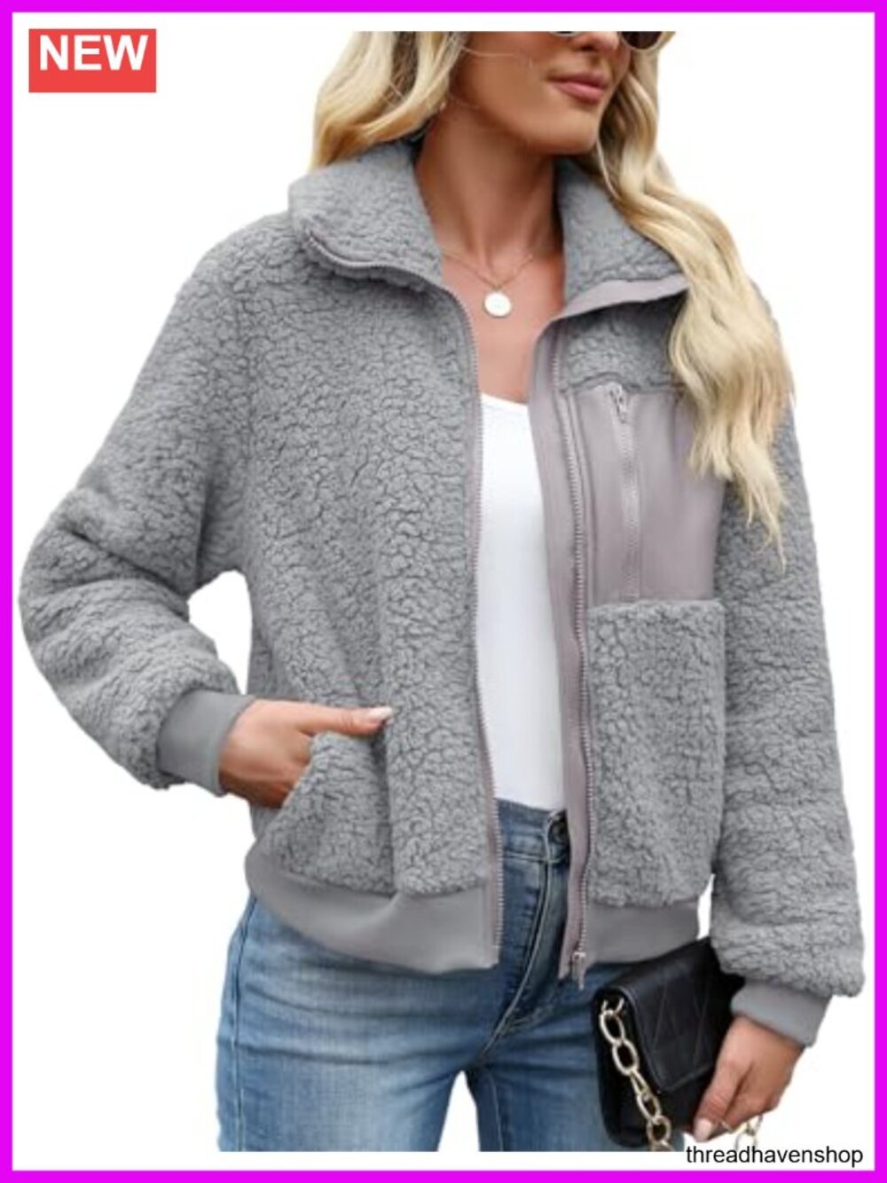 Womens Sherpa Fleece Jacket Casual Faux Shearling Zipper Coat Warm Winter